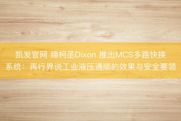 凯发官网 缔柯圣Dixon 推出MCS多路快换系统：再行界说工业液压通顺的效果与安全要领